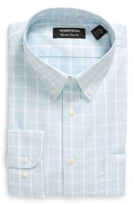 Nordstrom Trim Fit Non-Iron Royal Oxford Grid Check Button-Down Dress Shirt in White- Blue Grid