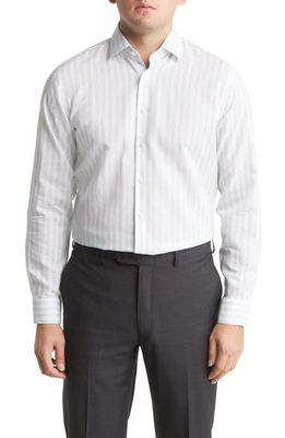 Nordstrom Trim Fit Non-Iron Stripe Dress Shirt in White- Green Stripe