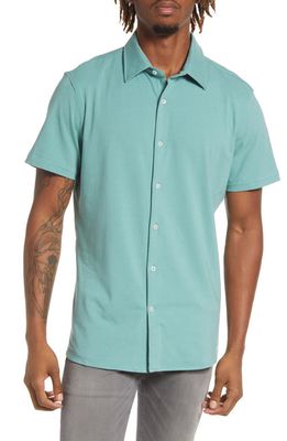 Nordstrom Trim Fit Solid Knit Short Sleeve Button-Up Shirt in Green Seaglass