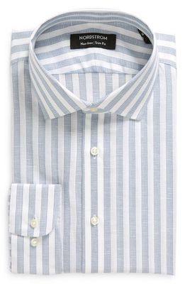 Nordstrom Trim Fit Stripe Non-Iron Cotton & Linen Blend Dress Shirt in White- Blue Stripe