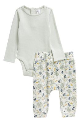 Nordstrom Waffle Cotton Bodysuit & Print Pants Set in Green Hush Owl Forest