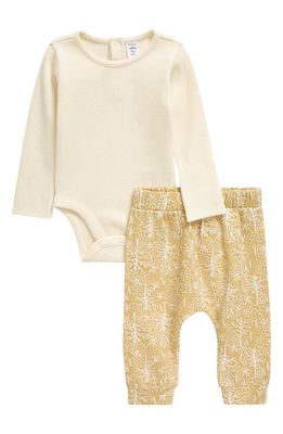 Nordstrom Waffle Cotton Bodysuit & Print Pants Set in Ivory Winter- Olive Forest