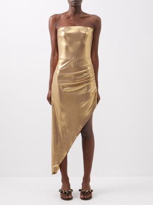 Norma Kamali - Asymmetric Strapless Lamé Midi Dress - Womens - Gold