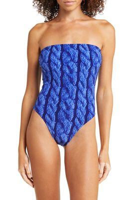 Norma Kamali Bishop Strapless Cable Print One-Piece Swimsuit in Cobalt Cable