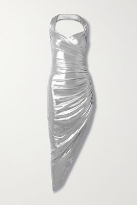 Norma Kamali - Cayla Asymmetric Ruched Stretch-lamé Halterneck Dress - Silver