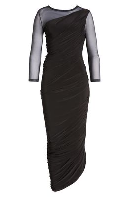 Norma Kamali Diana Ruched Mesh Long Sleeve Dress in Black-Black Mesh