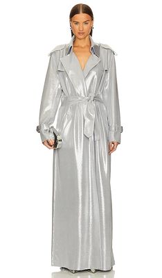 Norma Kamali Double Breasted Trench To Floor in Metallic Silver