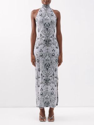 Norma Kamali - Halterneck Crystal-print Jersey Dress - Womens - Black White