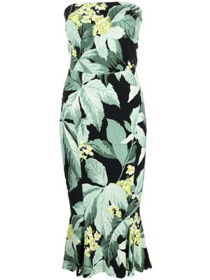 Norma Kamali leaf-print strapless fishtail dress - Green