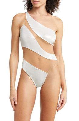 Norma Kamali Mesh One-Shoulder One-Piece Swimsuit in Pearl/Beige Mesh