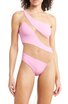 Norma Kamali Mio Mesh One-Shoulder One-Piece Swimsuit in Candy Pink/Beige Mesh