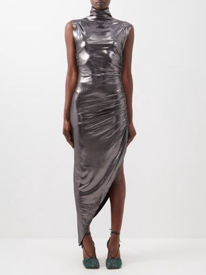 Norma Kamali - Roll-neck Asymmetrical Lamé Dress - Womens - Grey Silver