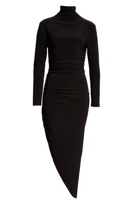 Norma Kamali Ruched Asymmetric Long Sleeve Turtleneck Dress in Black