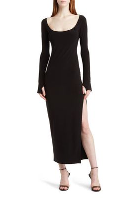 Norma Kamali Ruched Long Sleeve Asymmetric Velvet Gown in Black