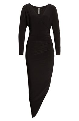 Norma Kamali Ruched Long Sleeve Side Drape Gown in Black