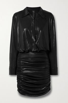 Norma Kamali - Ruched Stretch-lamé Mini Shirt Dress - Black