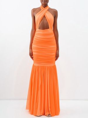 Norma Kamali - Ruched Tulle Halterneck Fishtail Gown - Womens - Orange