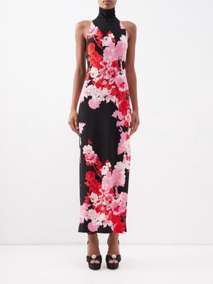 Norma Kamali - Side-slit Floral-print Jersey Dress - Womens - Pink Black