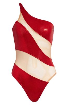 Norma Kamali Snake Mesh One-Shoulder One-Piece Swimsuit in Tiger Red/Nude Mesh