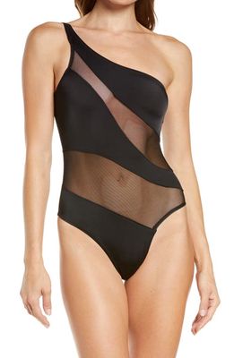 Norma Kamali Snake Mesh One-Shoulder Swimsuit in Black/Black Mesh