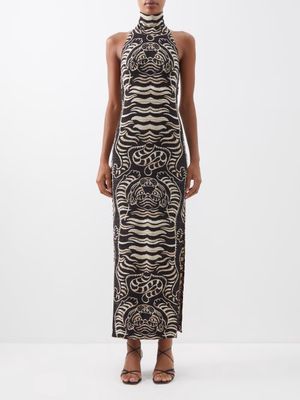 Norma Kamali - Tiger-print Jersey Halterneck Dress - Womens - Black White