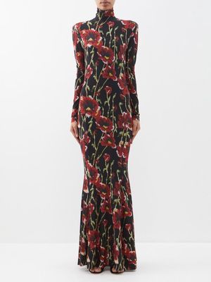 Norma Kamali - Turtle Poppy-print Jersey Fishtail Maxi Dress - Womens - Black Red