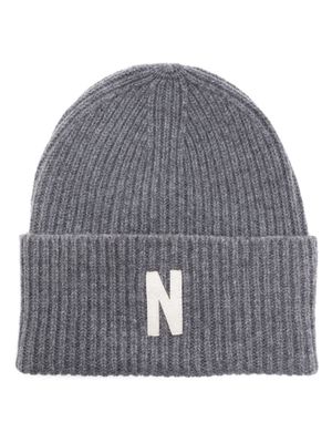 Norse Projects logo-patch ribbed wool beanie - Grey
