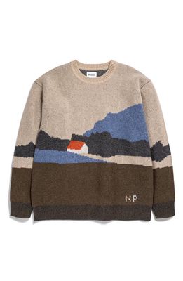 Norse Projects Men's Rune Landscape Wool & Cotton Crewneck Sweater in Utility Khaki