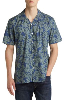 NORTH SAILS Leaf Print Short Sleeve Cotton Button-Up Shirt in Blue/Green