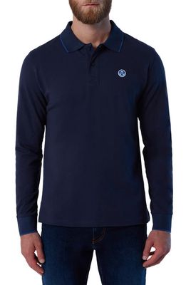 NORTH SAILS Logo Embroidered Long Sleeve Cotton Piquê Polo in Navy Blue