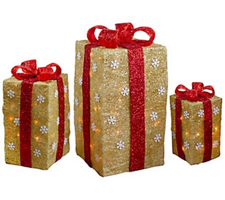 Northlight 3 Tall Gold Sisal Gift Boxes w/ Red Bows Decor