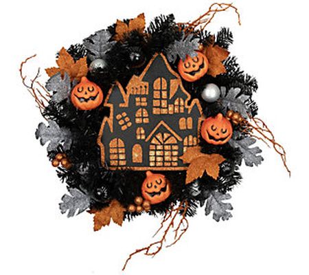 Northlight Orange & Black Haunted House Hallowe en Wreath 24"