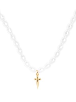 Northskull cross-pendant pearl necklace - White