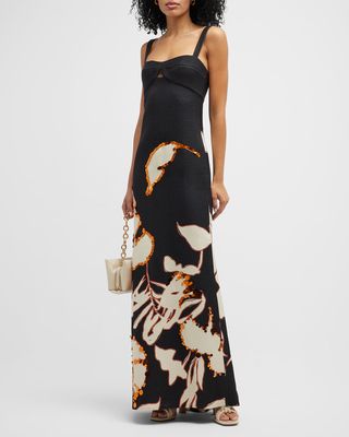 Nostalgia Costera Leaf-Print Sequin Quilted Maxi Dress