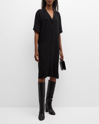 Notch-Collar Shirtdress With Elbow Sleeves
