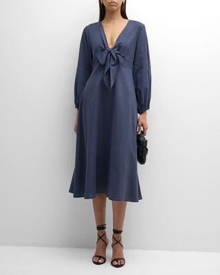 Novella Tie-Front Cotton-Linen Midi Dress