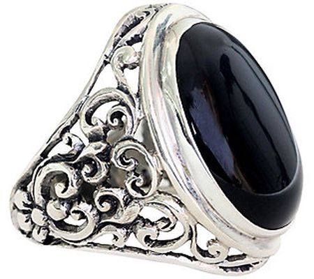 Novica Artisan Crafted Sterling Onyx Floral S c roll Ring