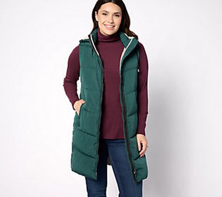 Nuage Chevron Quilted Long Vest with Detachable Hood