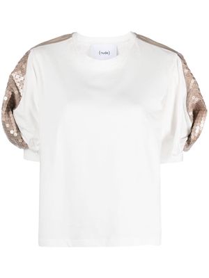 Nude puff-sleeves sequin-embellished T-shirt - White