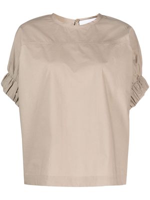 Nude ruched-sleeves cotton T-Shirt - Neutrals