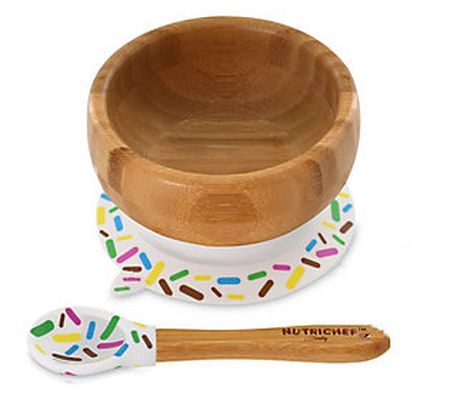 Nutrichef Bamboo Bowl with Silicone Suction and Spoon