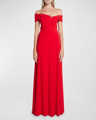 O-Ring Off-The-Shoulder Jersey Crepe Gown