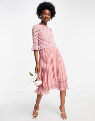 Oasis Bridesmaid tiered midi dress with fluted sleeves in pale pink