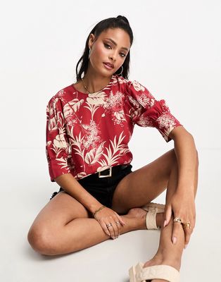 Oasis palm print top in red-Multi