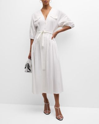 Oasis Tie-Belt Elbow-Sleeve Cotton Midi Dress