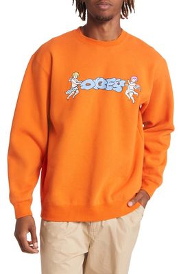 Obey Men's Cherub Throwie Graphic Crewneck Sweatshirt in Orange Oxi