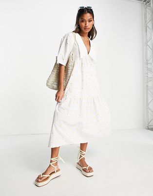 Object daisy embroidered midi dress in white