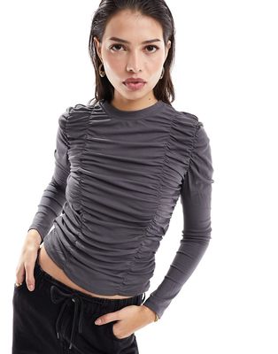 Object high neck ruched long sleeve jersey top in gray