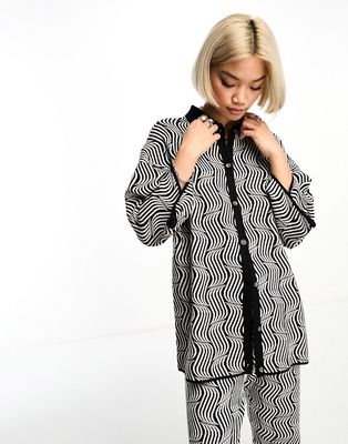 Object knitted oversized shirt in retro mono swirl - part of a set-Black