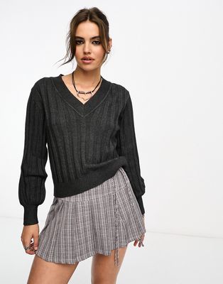 Object knitted rib v neck sweater in dark gray